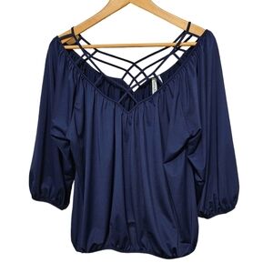 Marsiano neavy blue criss cross  croped 3/4sleeve elastic hem blouse relax fit S